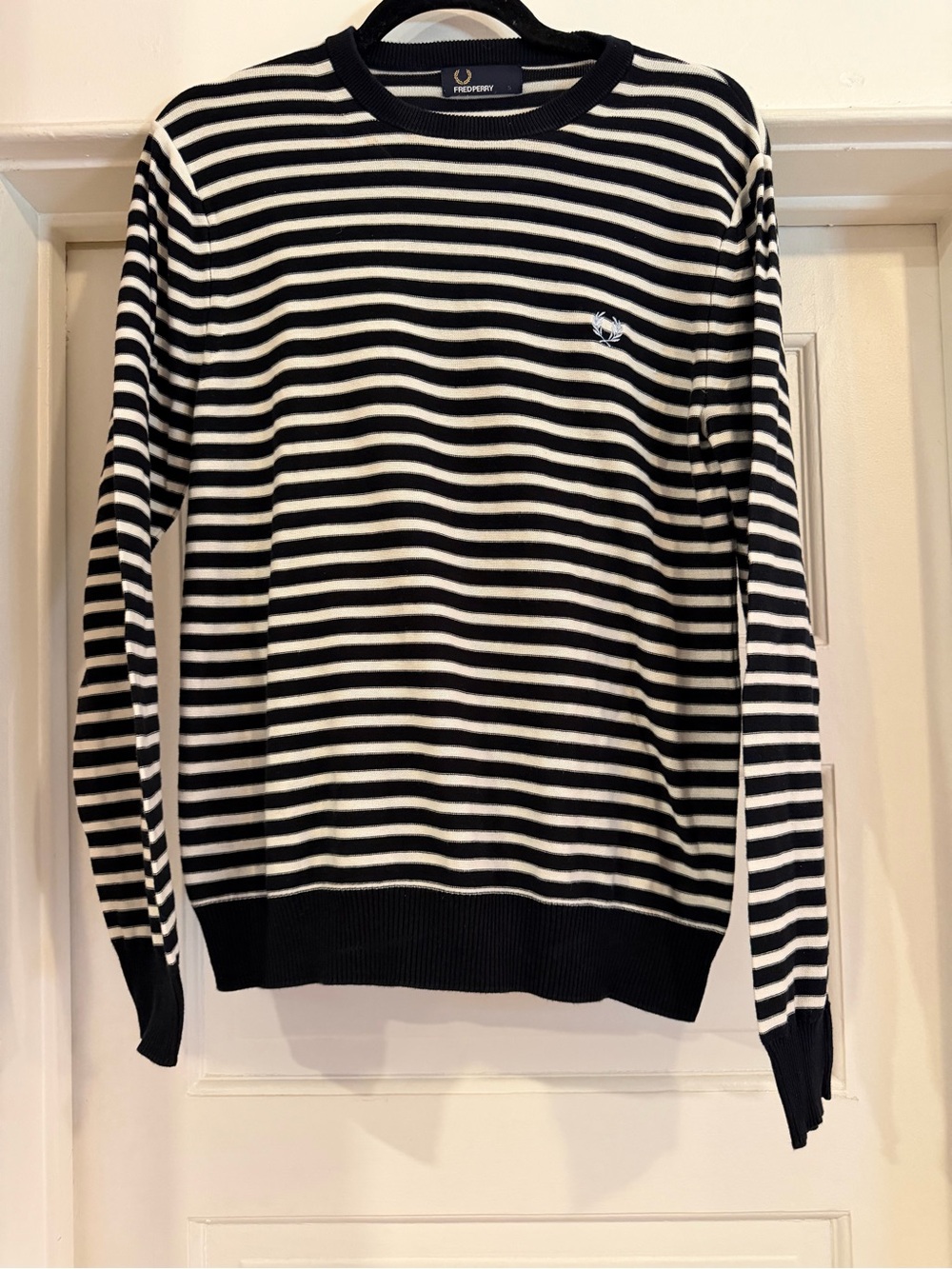 Vintage Fred Perry Navy Blue & White Striped Breton Thin Crewneck Sweater